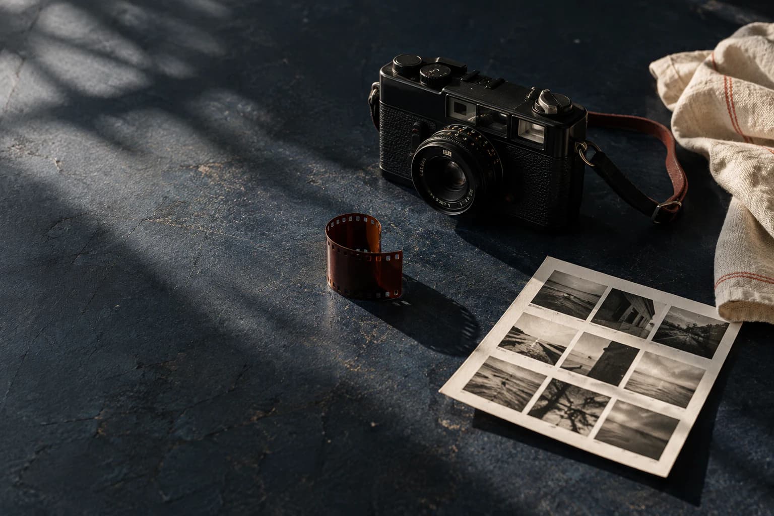A black film camera and a strip of contact prints sit on an ink-blue surface.