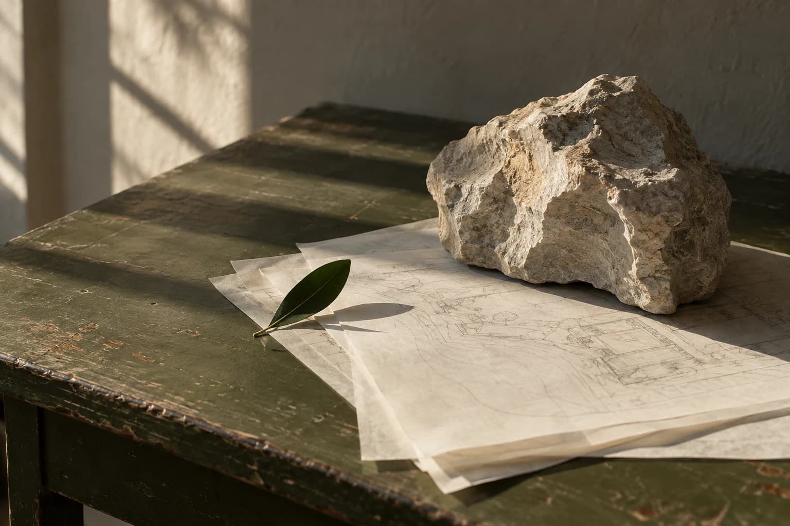 A piece of pale limestone and a green leaf rest on tracing-paper plans in afternoon light.