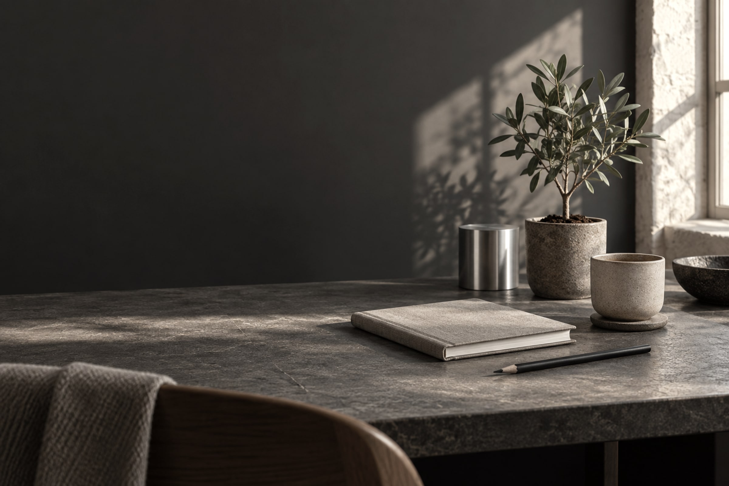 Calm desk with plant and morning light in the ribbon colour grade.