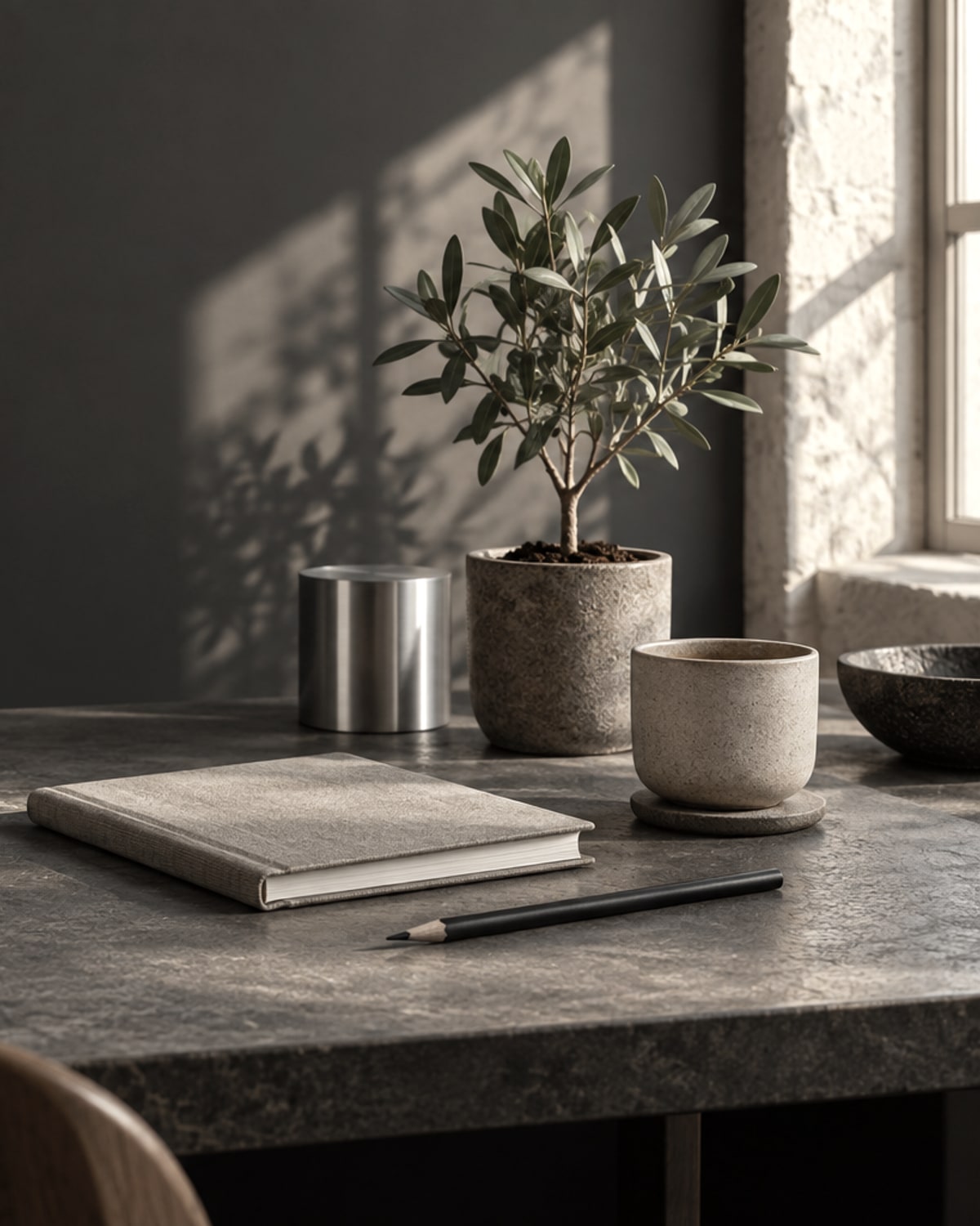 Calm desk with plant and morning light in the ribbon colour grade.