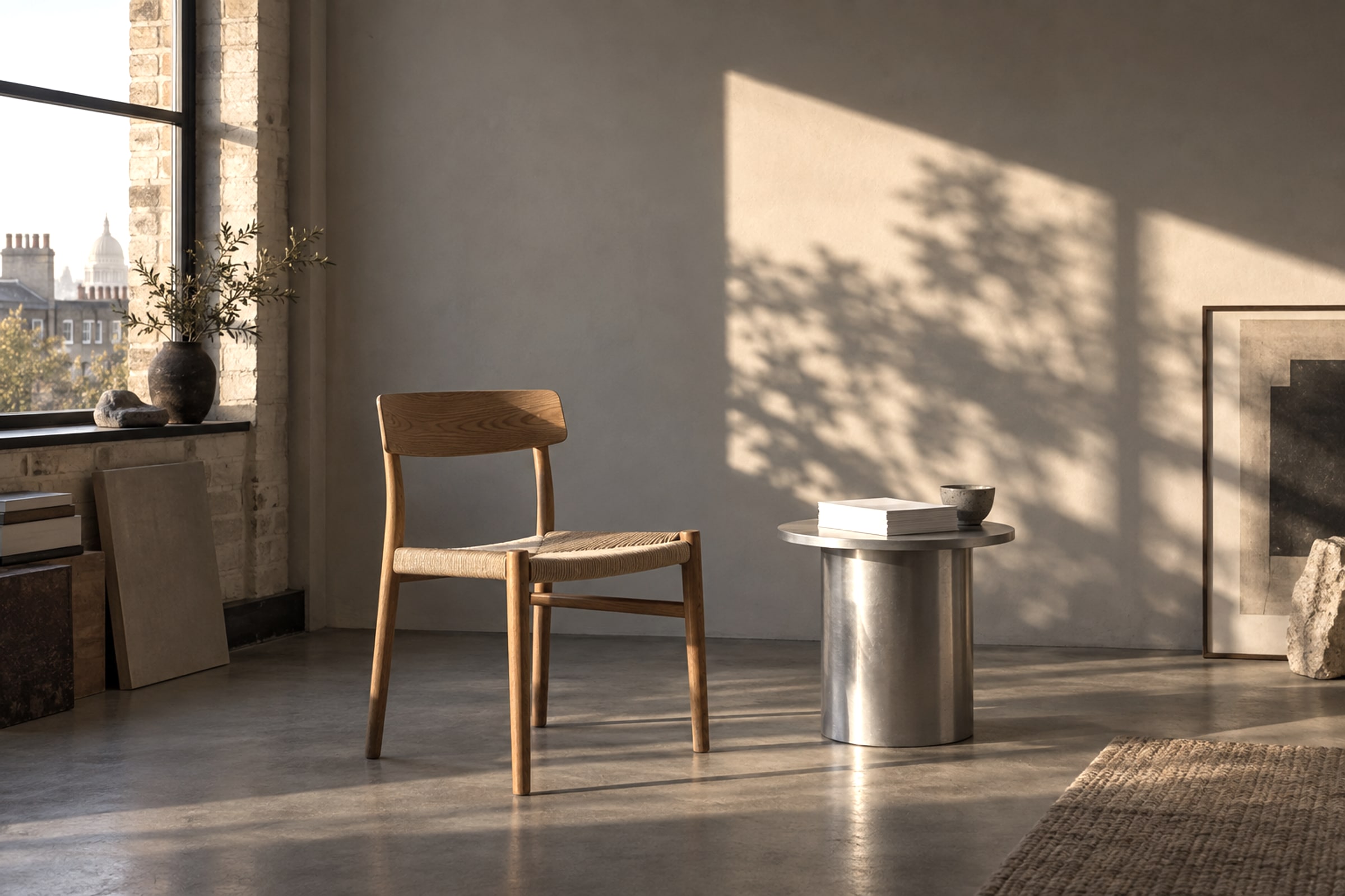 Empty calm studio corner in warm light in the pong colour grade.