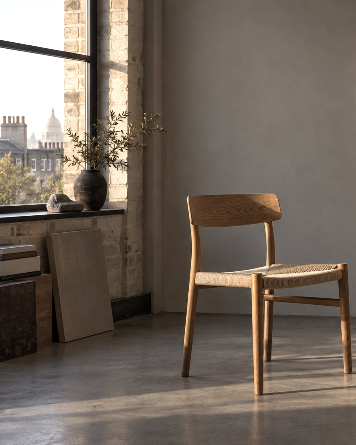Empty calm studio corner in warm light in the pong colour grade.