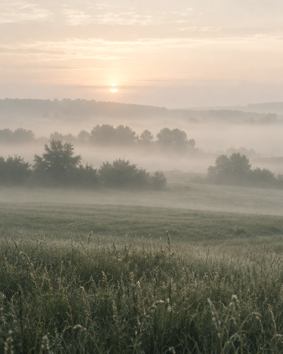 Fog over an empty field at dawn in the frames colour grade.