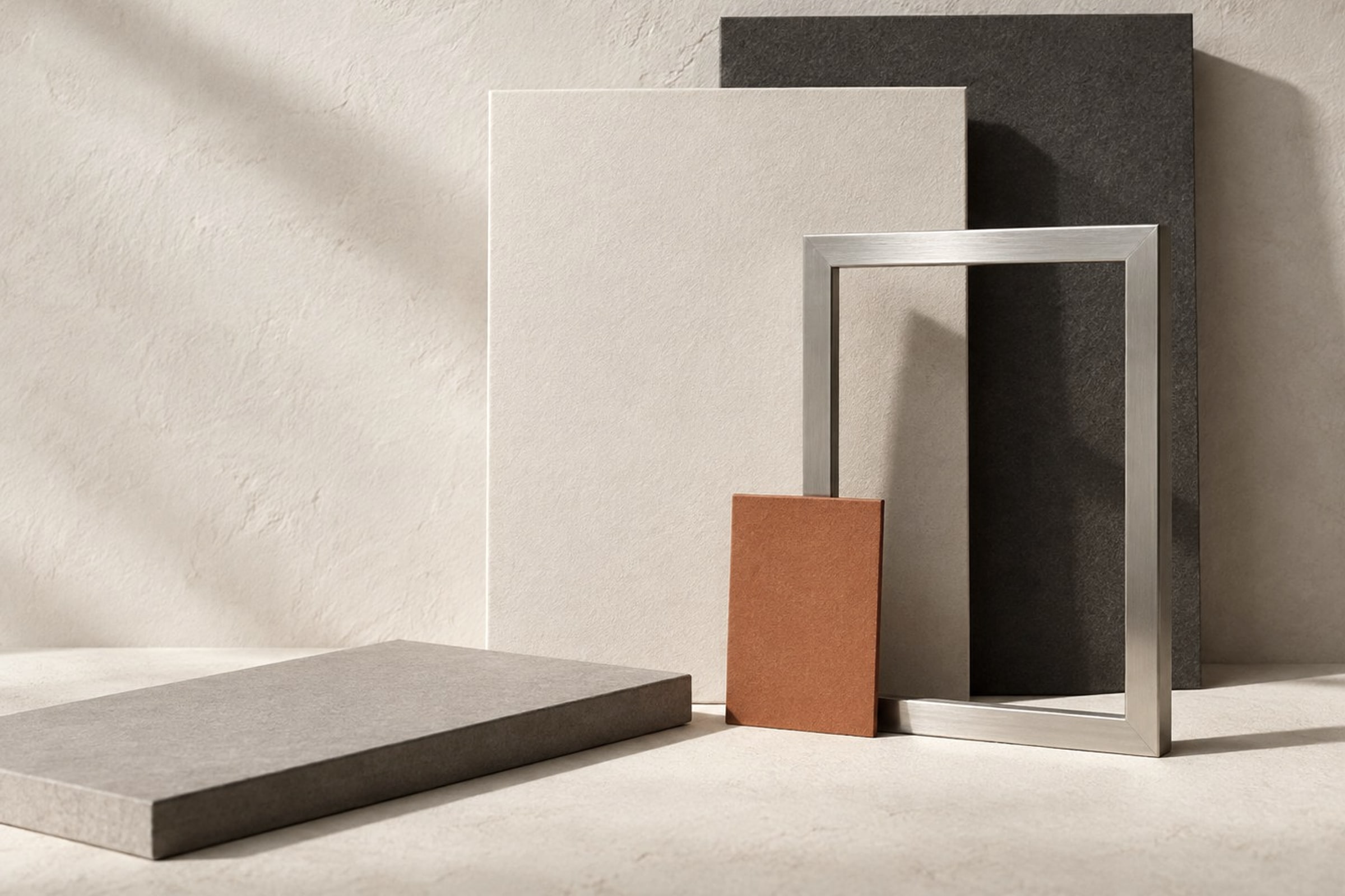 Brushed metal and warm paper material study in the ribbon colour grade.