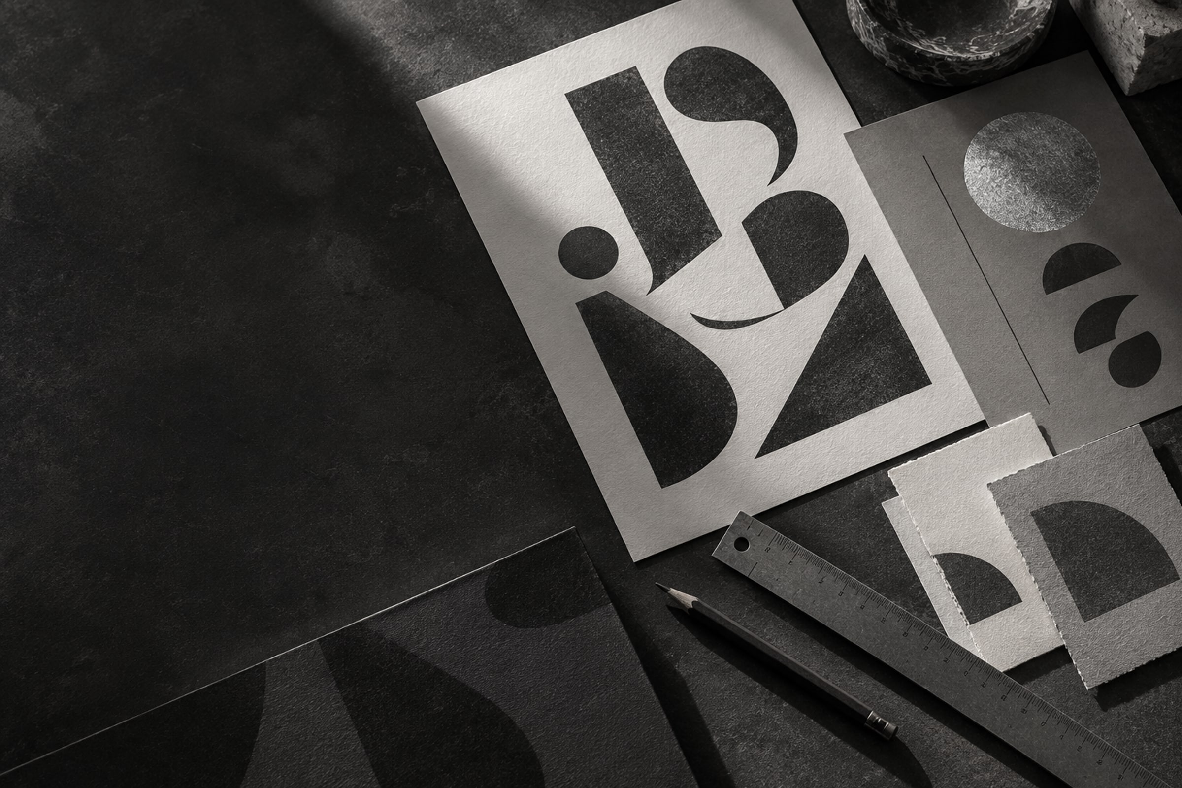 Printed type specimens and material swatches in the impact colour grade.