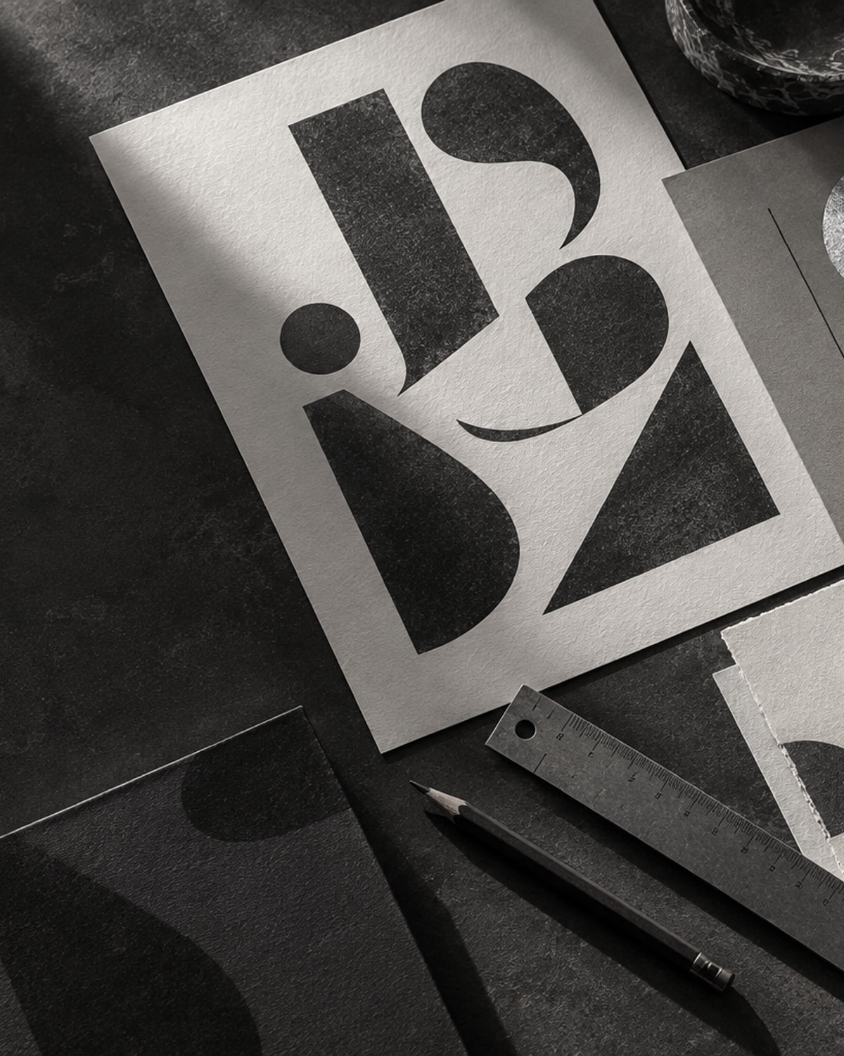 Printed type specimens and material swatches in the impact colour grade.